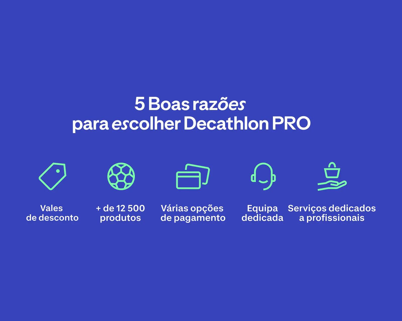 Imagem ilustrativa Decathlon PRO com 5 boas razões para escolher Decathlon PRO. Vaels de desconto, + de 12 500 produtos, Várias opções de pagamento, Equipa dedicada, Serviços dedicados a profissionais.
