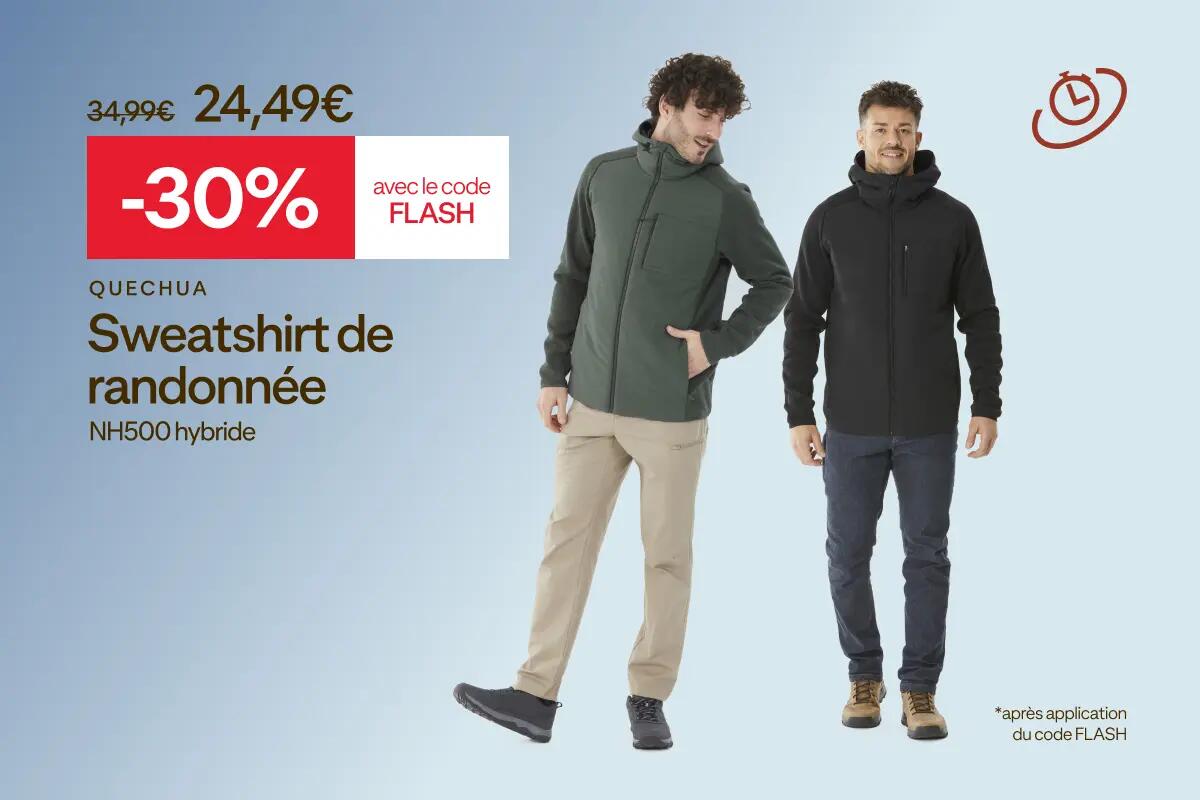 QUECHUA Sweatshirt de randonnée homme, NH500 Hybride existe en 2 coloris 34,99€ -30% avec le code FLASH 24,49€