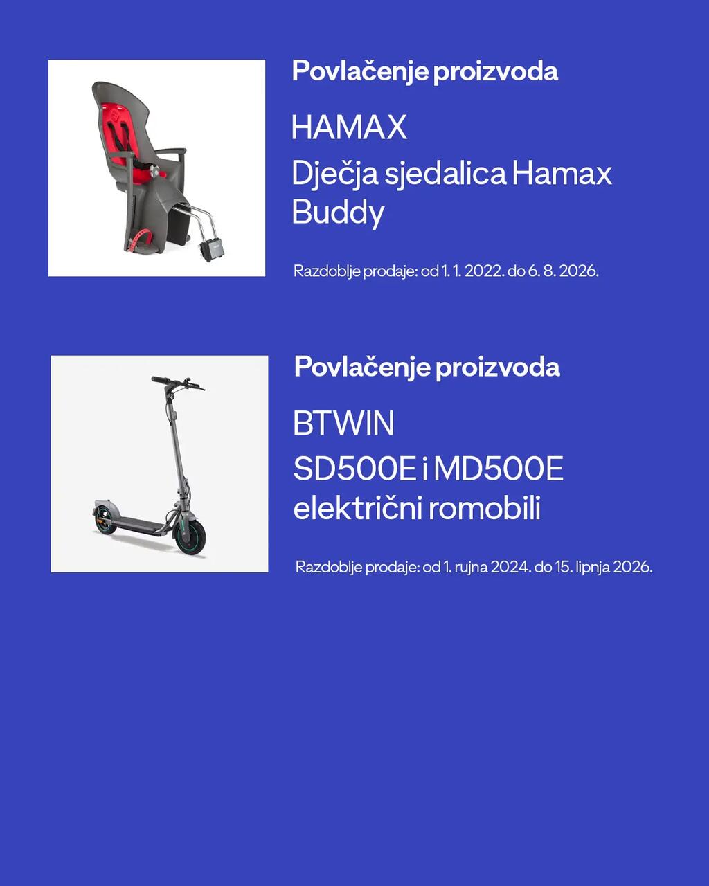 Povlačenje proizvoda: BTWIN SD500E i MD500E električni romobili (Razdoblje prodaje: od 1. rujna 2024. do 15. lipnja 2026.)