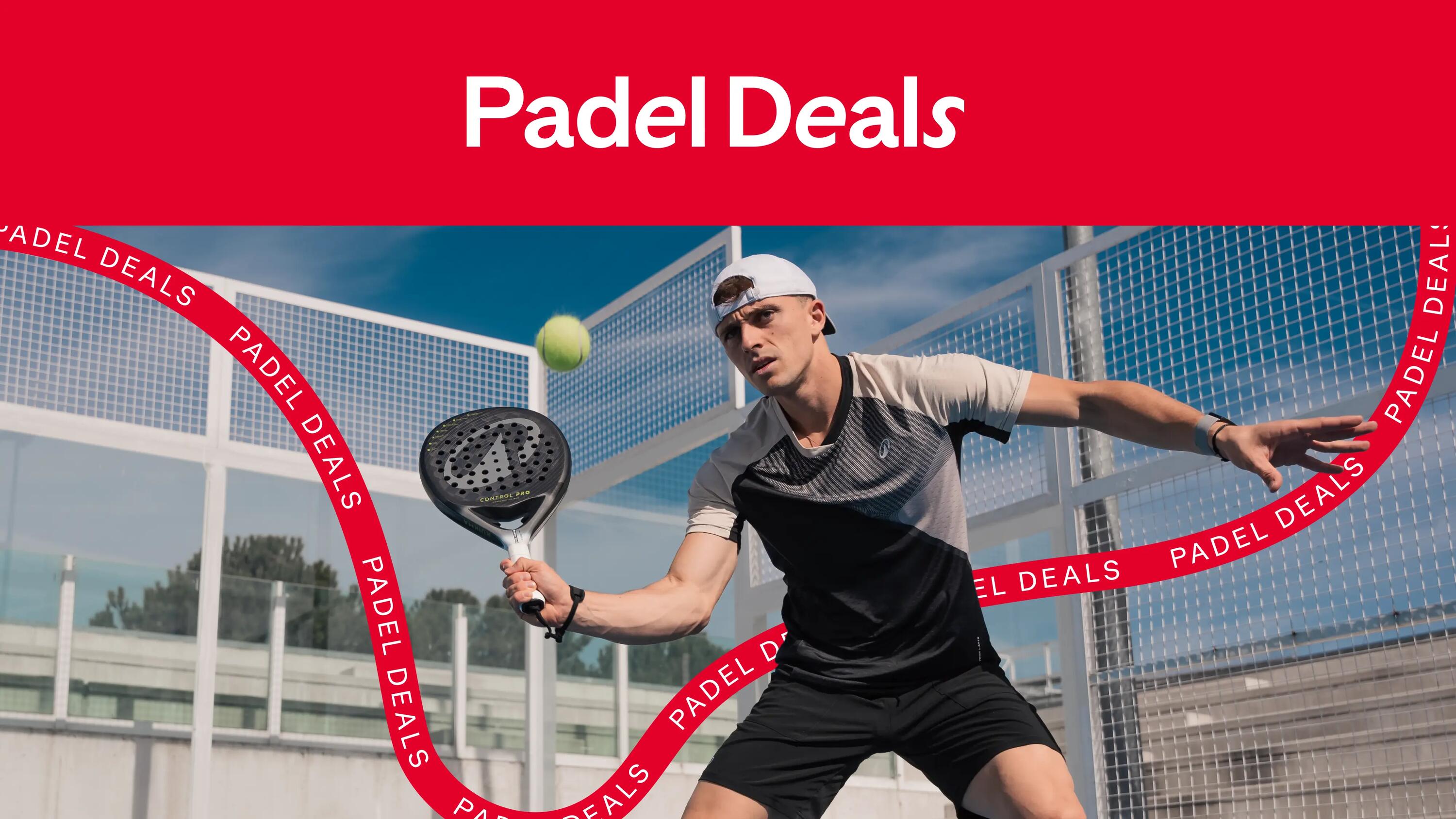 Werbegrafik mit der Aufschrift „Padel Deals“ und einem Padel-Spieler in Aktion auf dem Court.