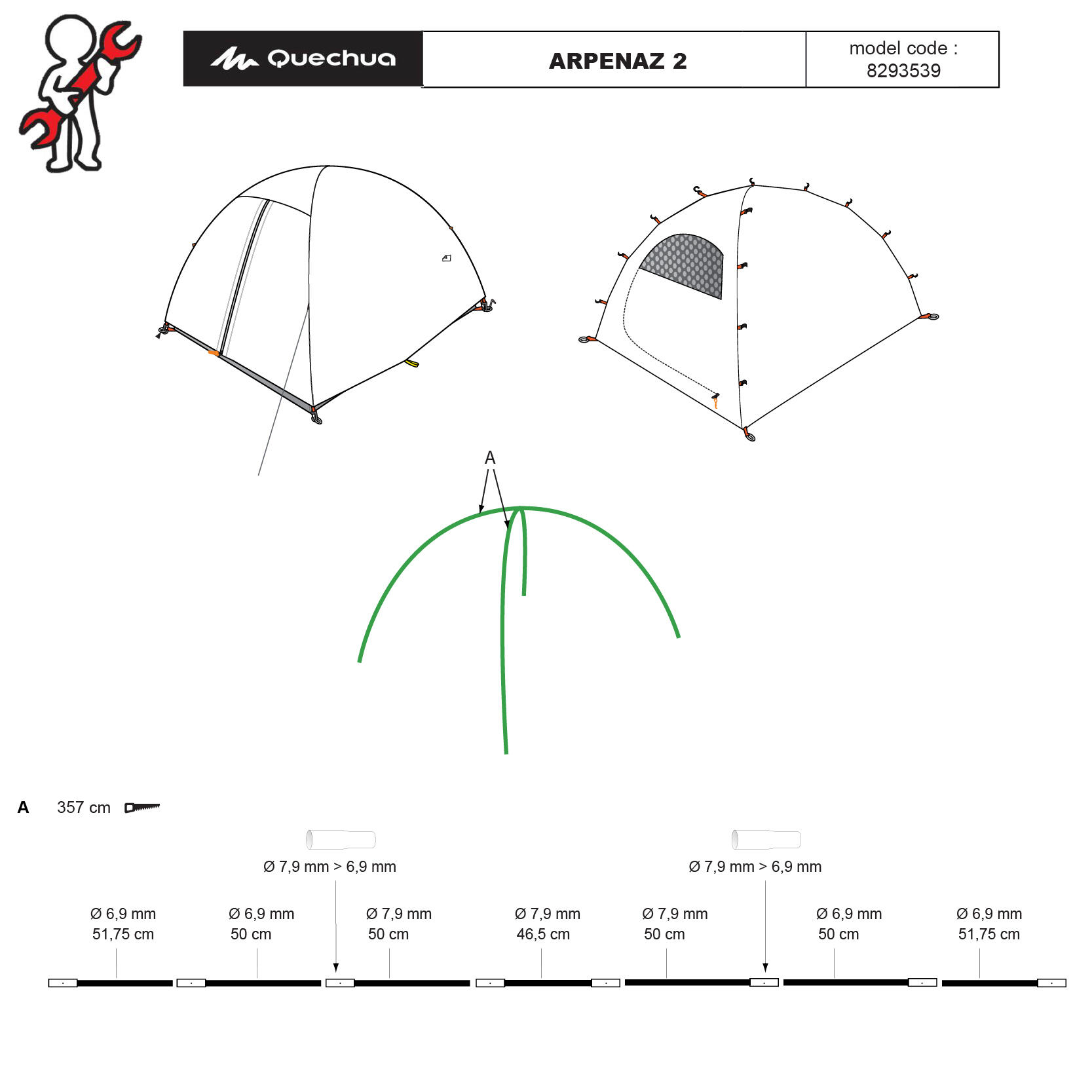 TENT POLES ARPENAZ 2 PERSON QUECHUA