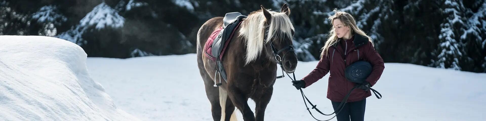 kobieta prowadząca konia zimą