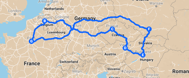 Tour of Europe travel itinerary map