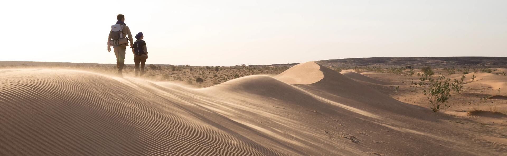 Trekkeurs marchant sur une dune de sable dans le desert