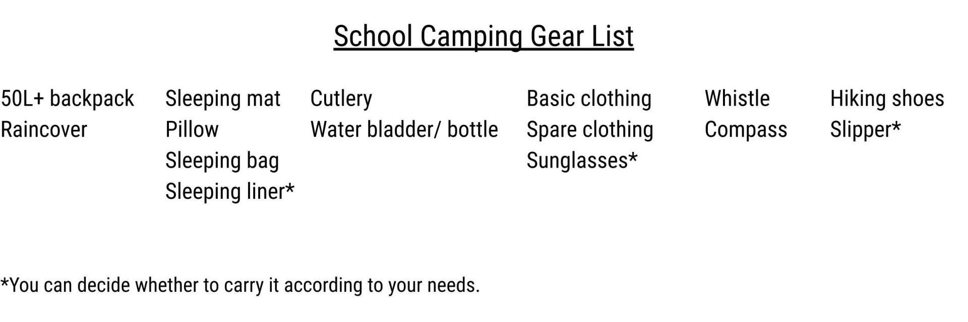 School camp gear list