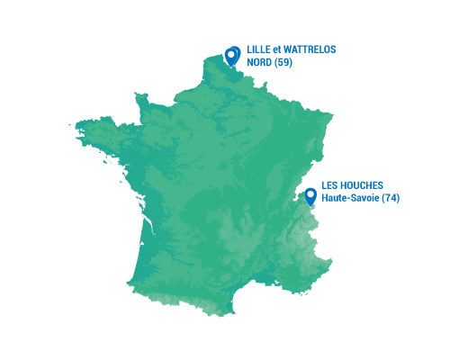 Carte de la France où sont fabriqués les produits Decathlon aux Houches en Haute-Savoie et Lille dans le Nord