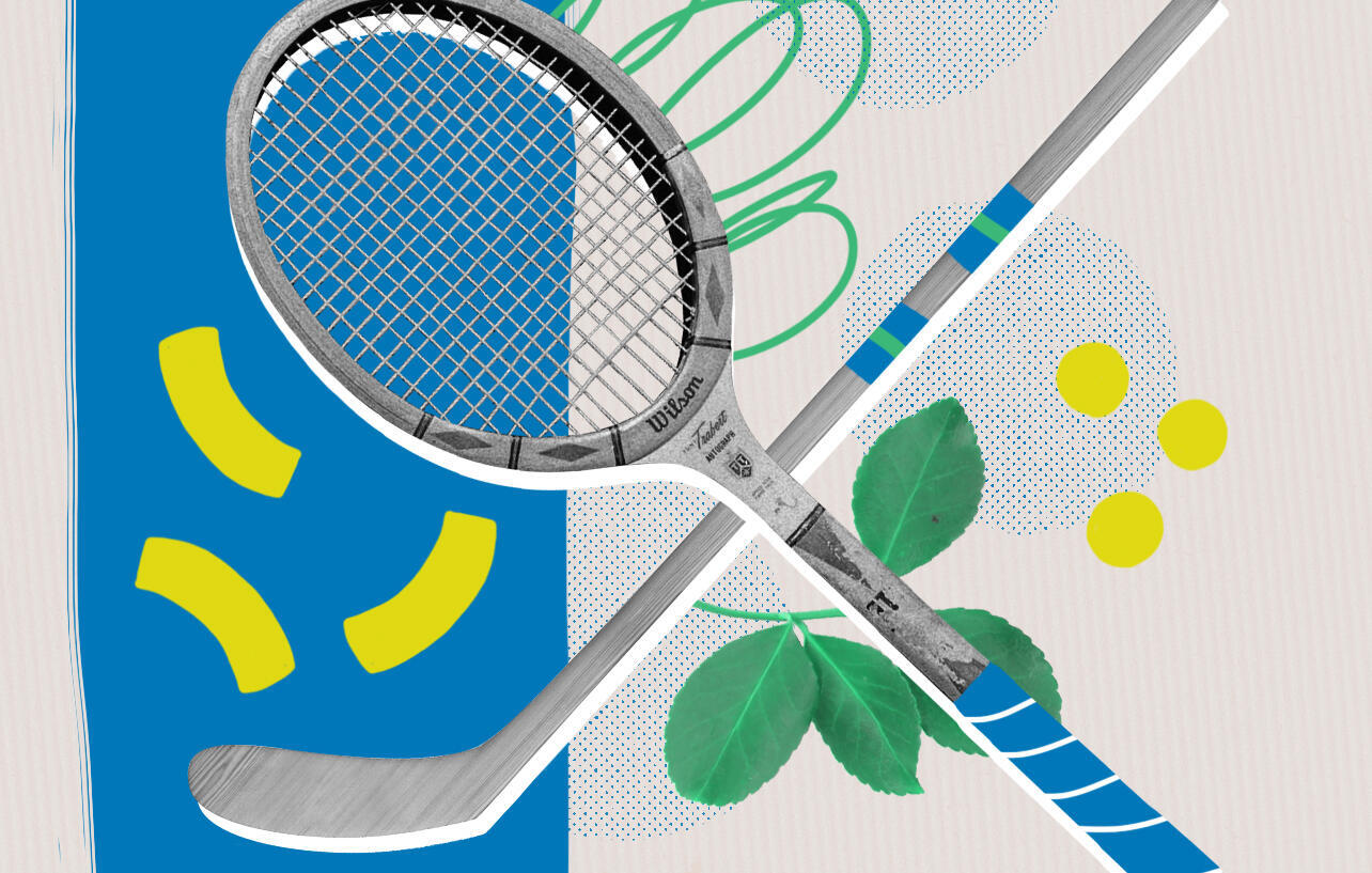 Illustration d'une raquette de tennis et d'un  puck en bois