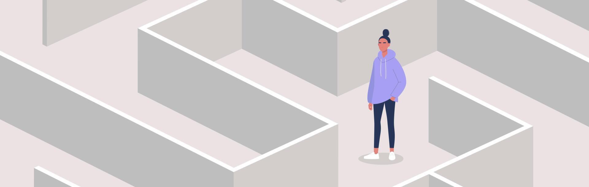 Illustration woman lost in a maze