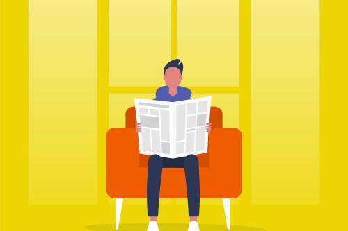 Illustration of a man reading newspaper on a sofa