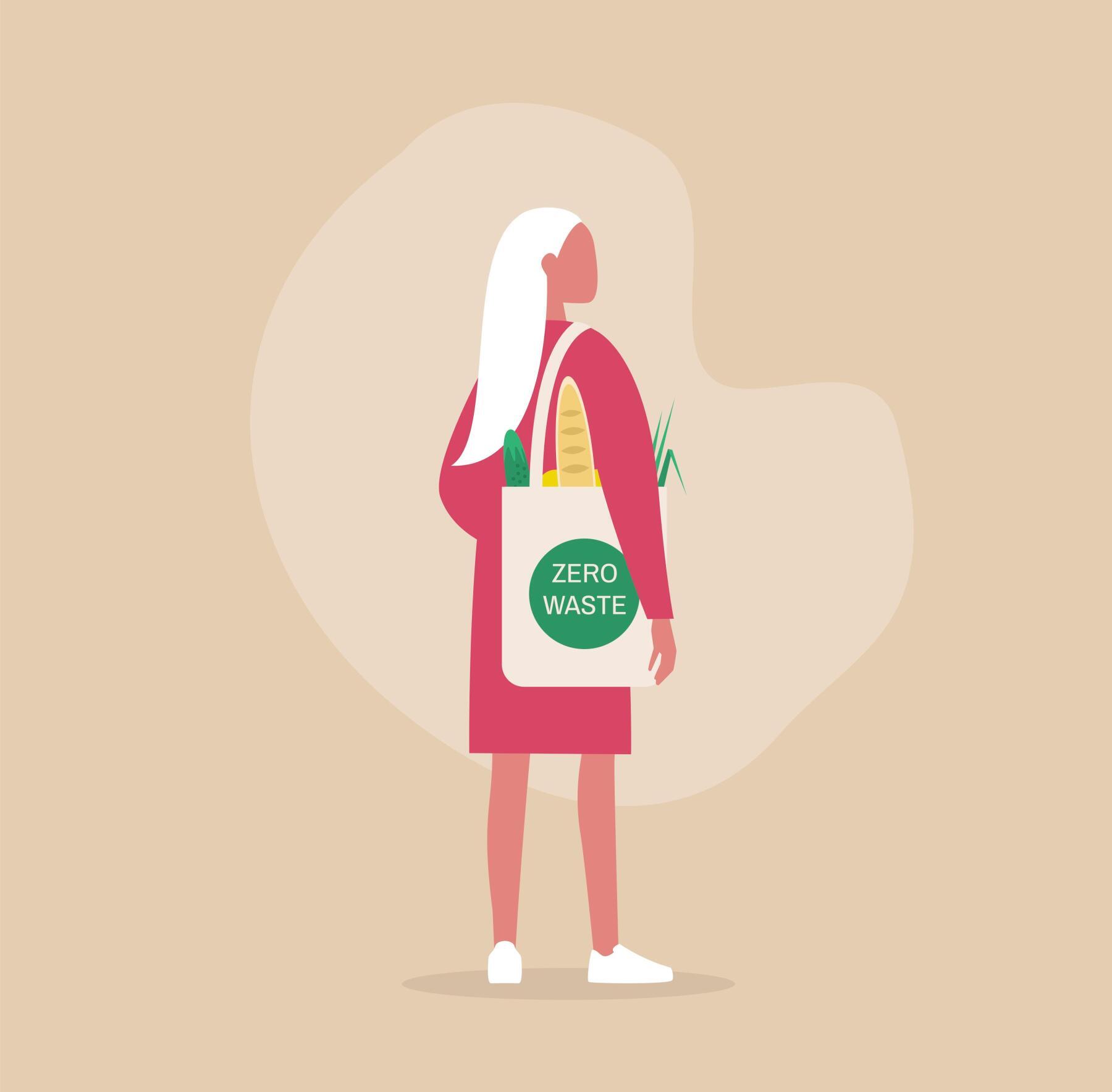 Illustration d'une femme avec un tote-bag "Zero-déchets"