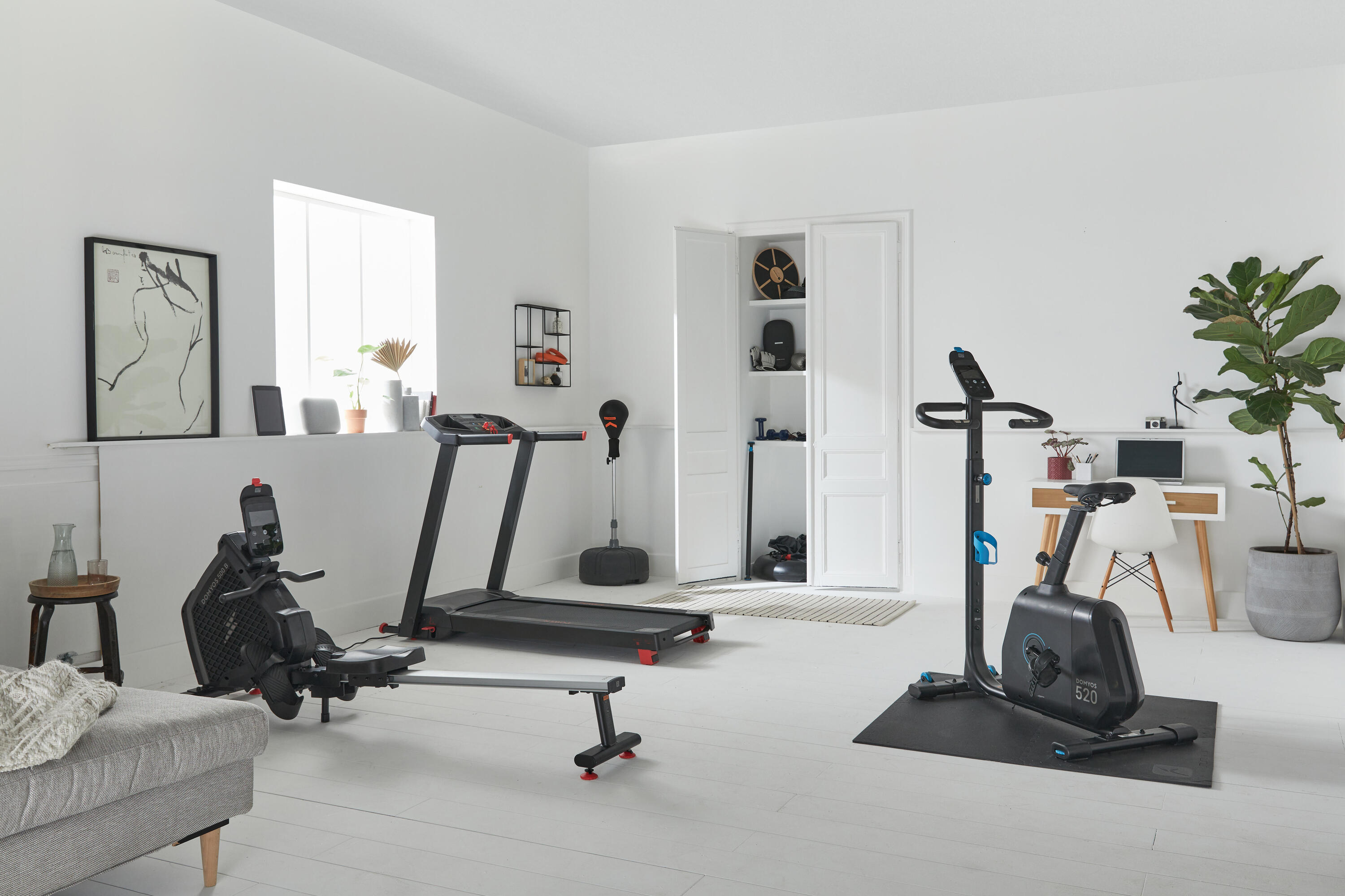 Home-gym setup featuring treadmill, rowing machine and more