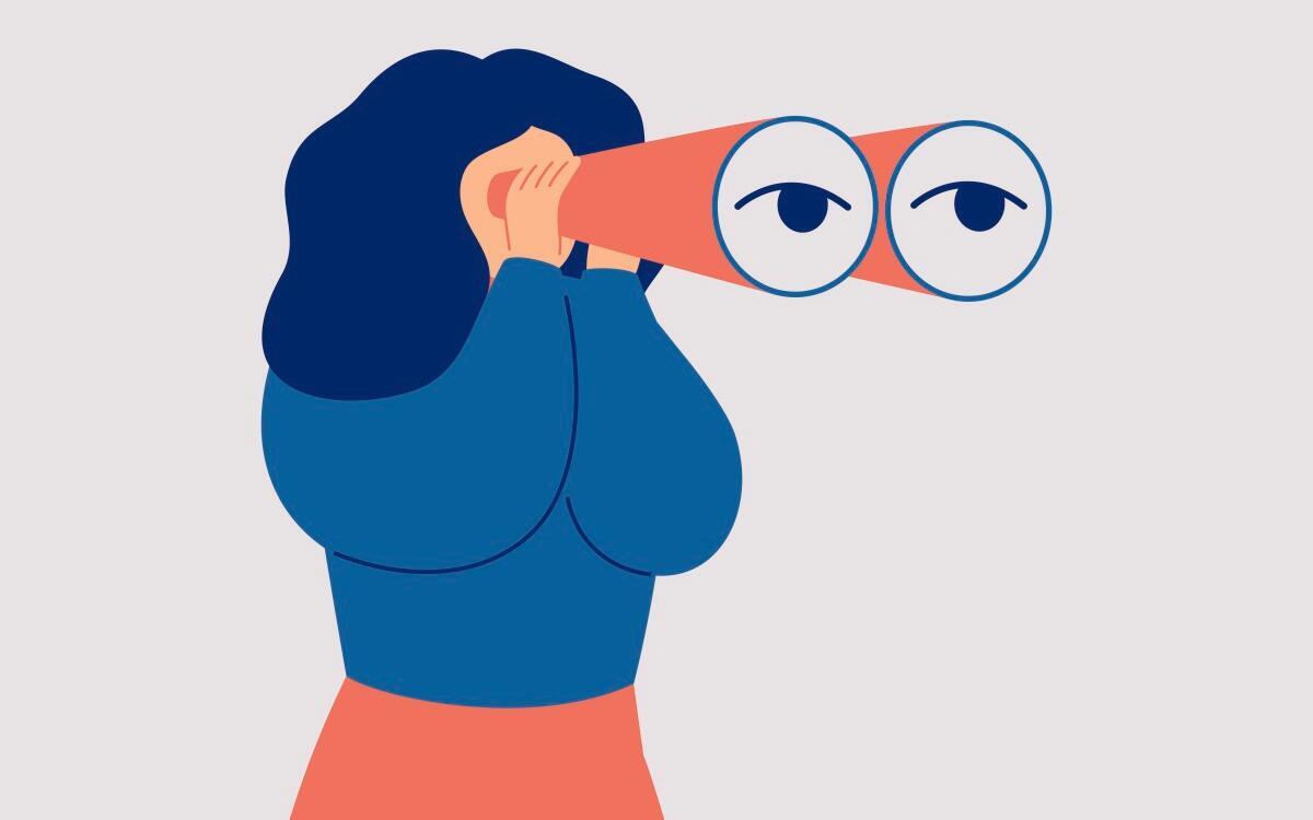 Illustration d'une femme tenant une paire de jumelle optique à ses yeux