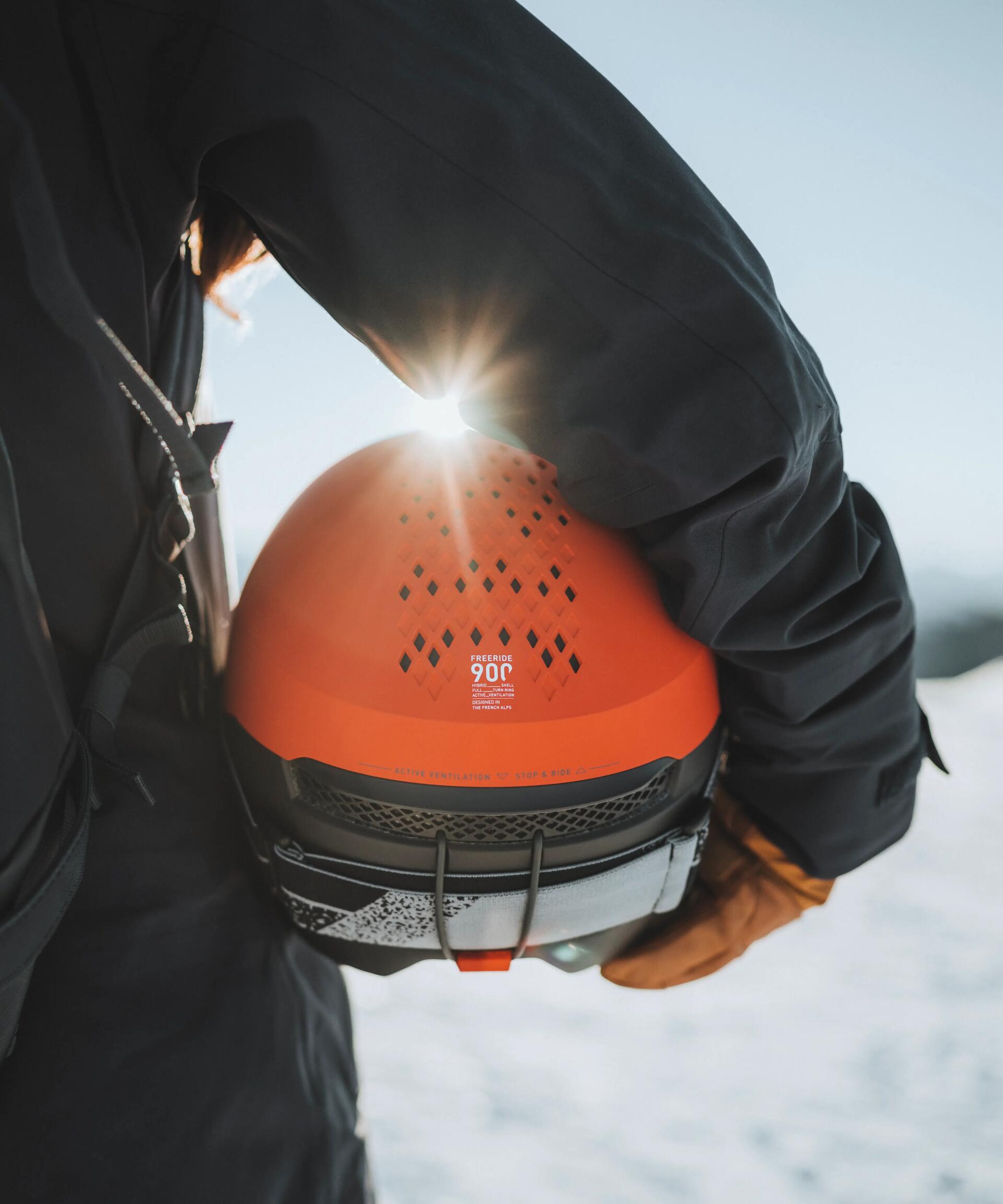 Carrying a ski helmet. 