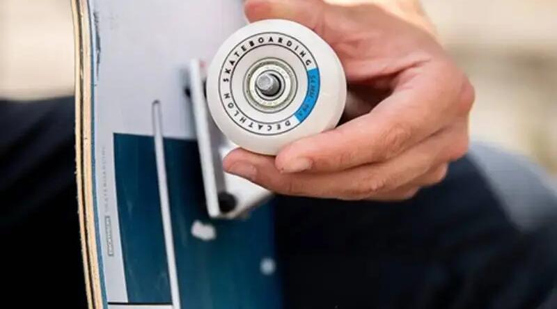 Man checking the wheel on his skateboard