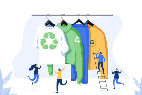 Illustration d'un homme choisissant un vêtement en matière recyclée