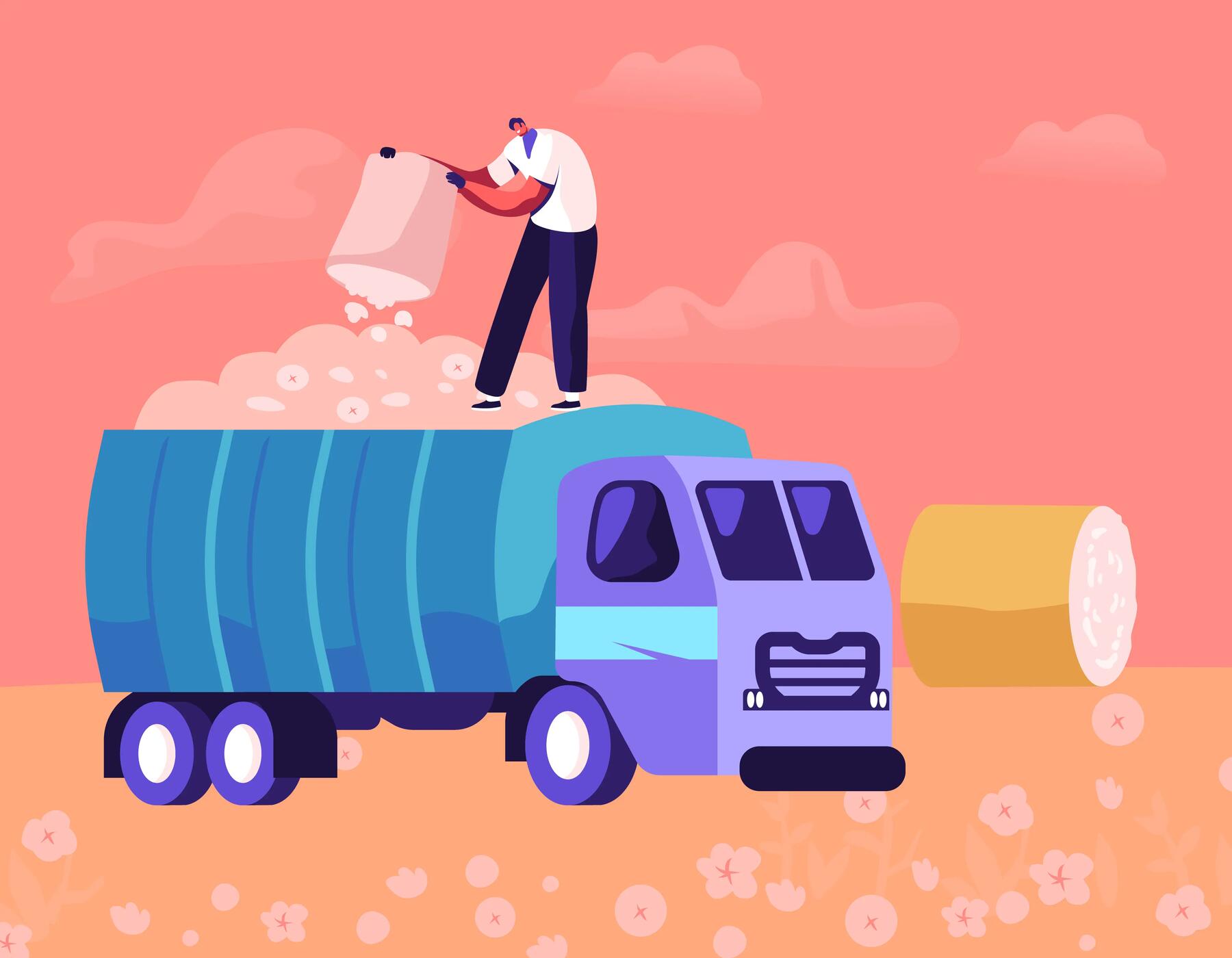 Illustration d'un homme jetant du coton dans un camion