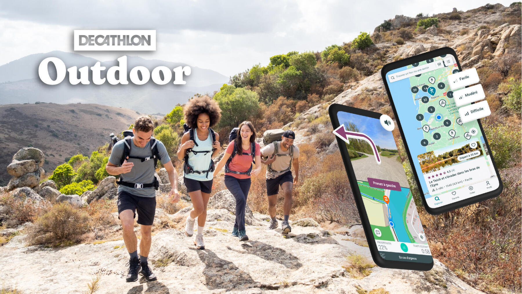 Photo d'un groupe d'amis en train de randonner avec l'application mobile Decathlon outdoor