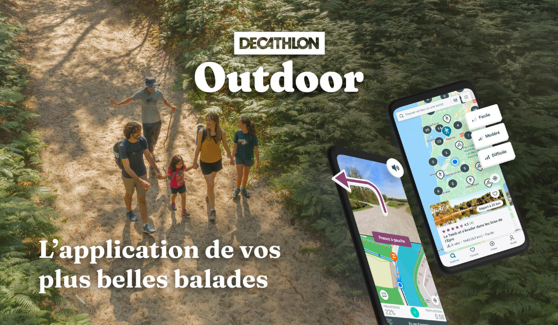 Images d'une famille en train de randonnée avec un téléphone à droite présentant l'application mobile Decathlon Outdoor