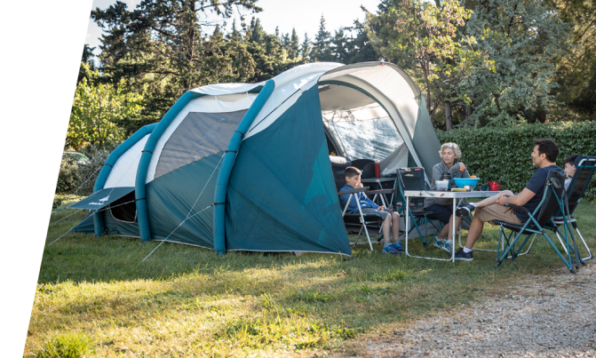 Family inside a tent