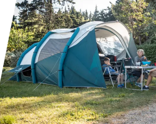 Family inside a tent