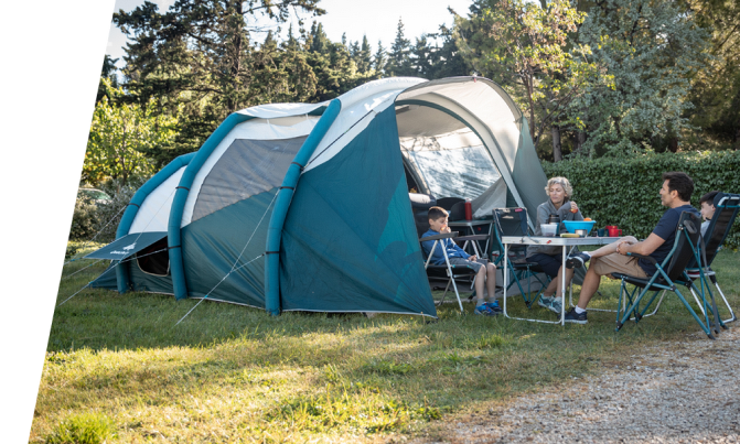 Family camping in rented tent