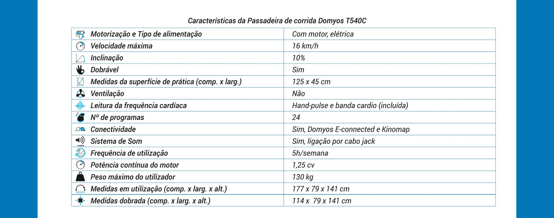 tabela com as característas da passadeira domyos t540c