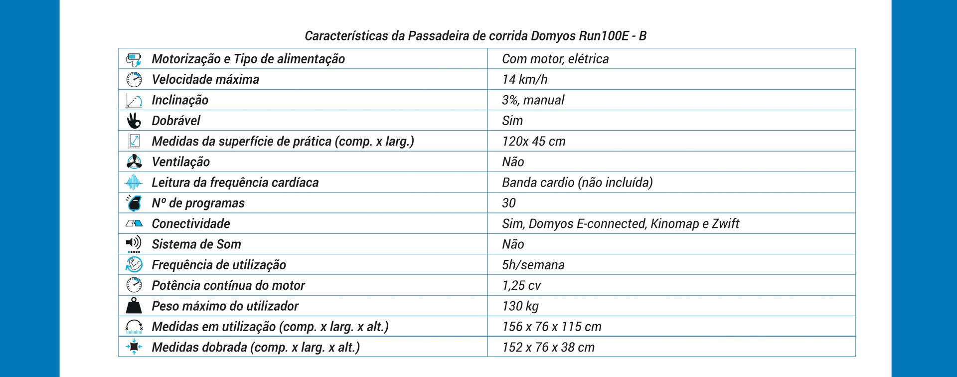 tabela com as características da Passadeira de corrida domyos RUN100E