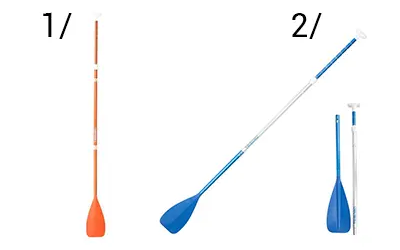 2 different paddles for Stand Up paddle boards, on the left an adjustable paddle and on the right a blue detachable paddle.