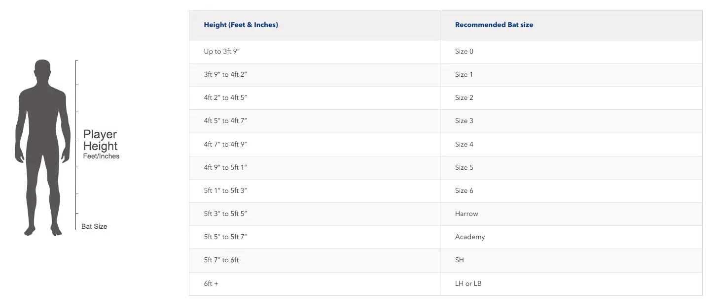 a chart explaining cricket bat sizes vs the height of the player 
