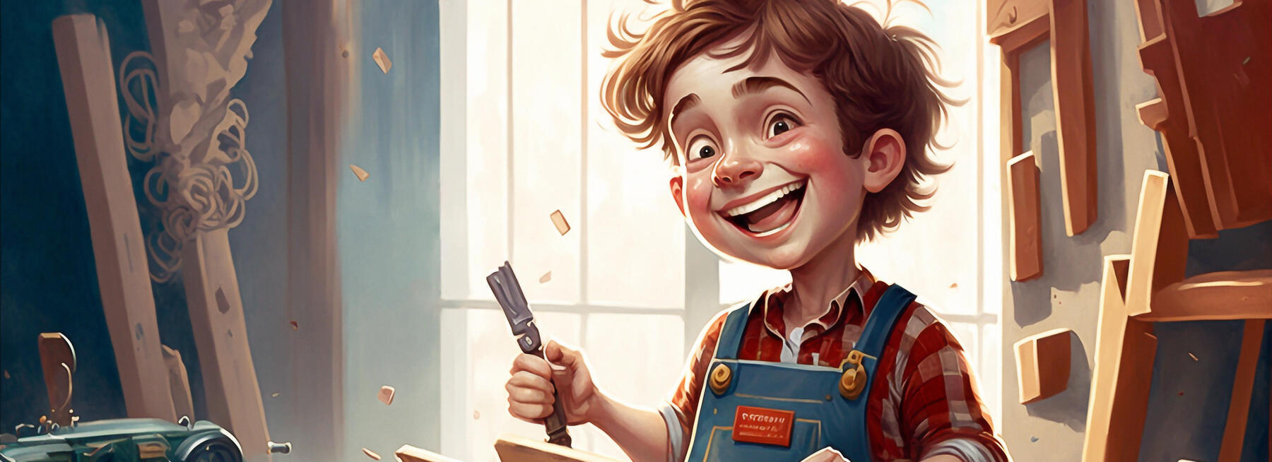 Illustration d'un enfant réparant un objet en bois