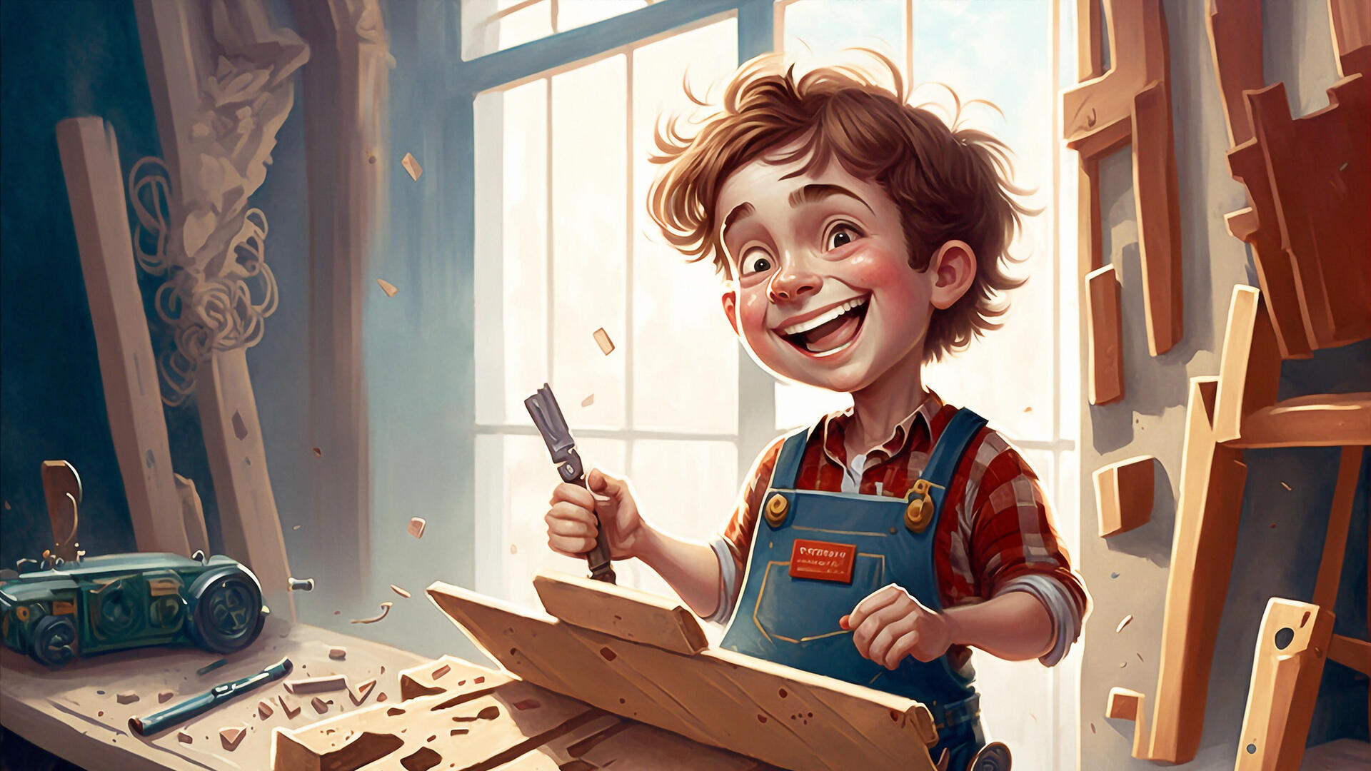 Illustration d'un enfant réparant un objet en bois