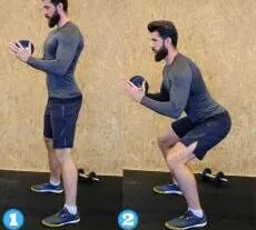 Man doing goblet squats with dumbell